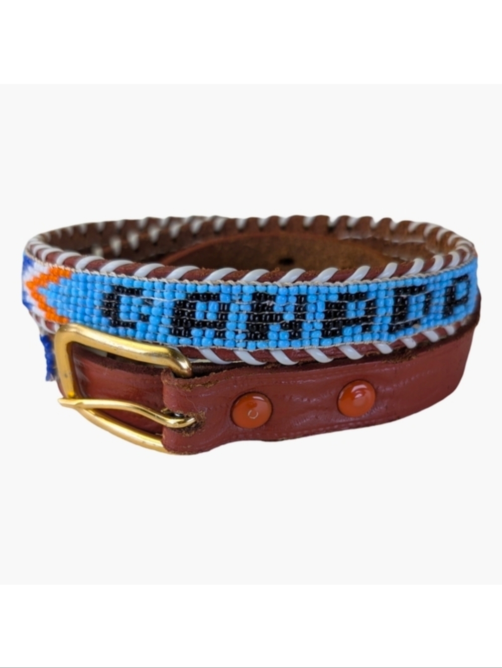 Vintage Tooled Leather Beaded Slim Belt | Western Boho | 29"-33" Waist - Picture 2 of 7